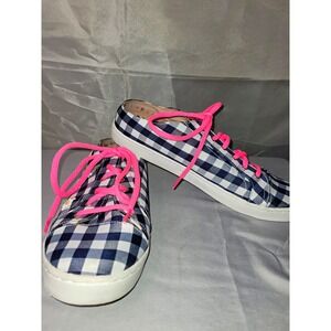 Betsey Johnson Navy/White Gingham Canvas Low Top Lace-Up Sneakers Pink Laces